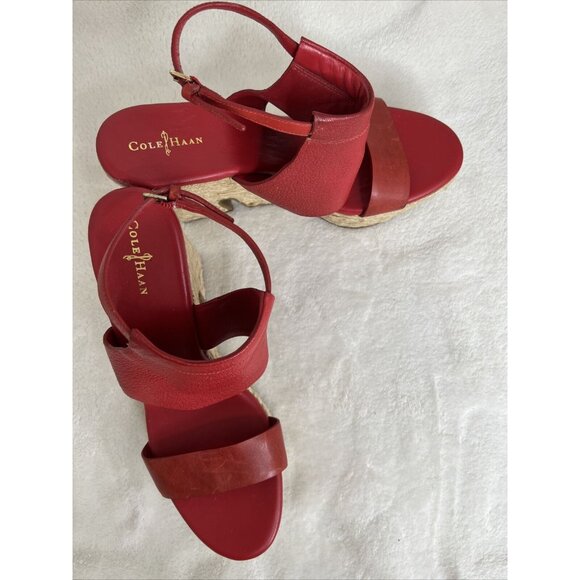 Cole Haan Red Leather Wedge Sandals With Ankle Strap & Jute Soles size 9 - Picture 2 of 8